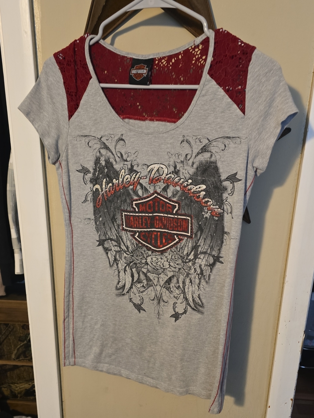 Harley-Davidson Gray Tee with Red Crochet Yoke and Logo